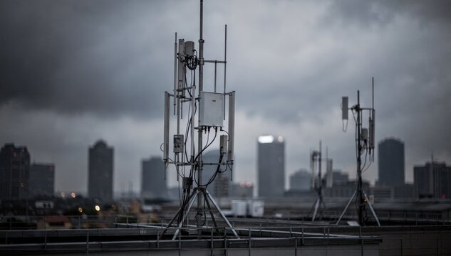 Medium closeup of rooftop FM antennas under heavy cloud cover main antenna clear and detailed with a hazy dimly lit city blurred in the background.