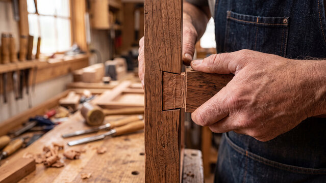 Woodworker's hands carefully fitting a mortise and tenon joint in a traditional workshop setting.