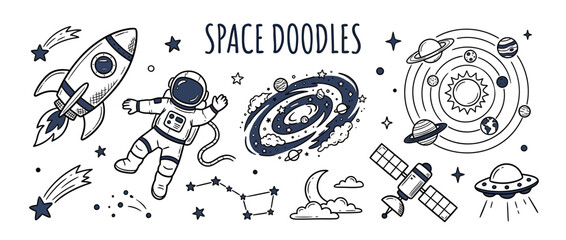 Hand-drawn space doodles with astronaut and rocket © Roni