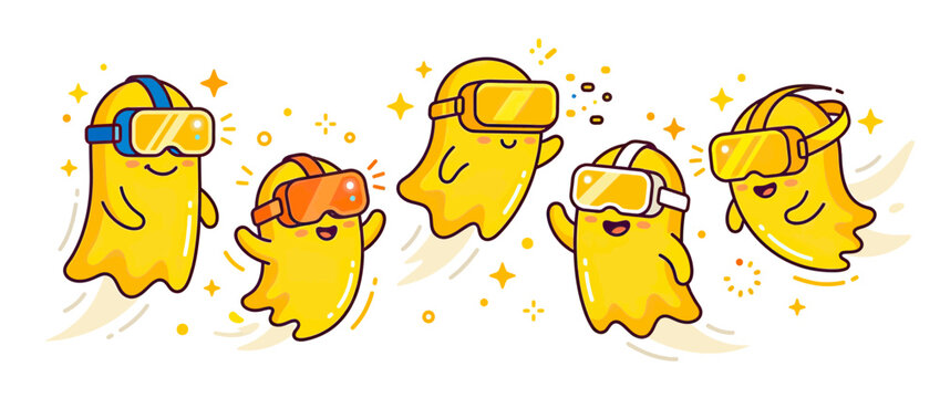 Cute yellow ghost characters wearing VR headsets