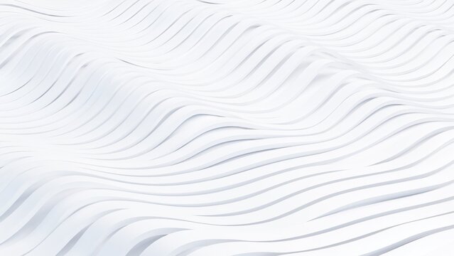 Abstract 3D render of white parametric wavy ribbons pattern texture in bright minimalist space