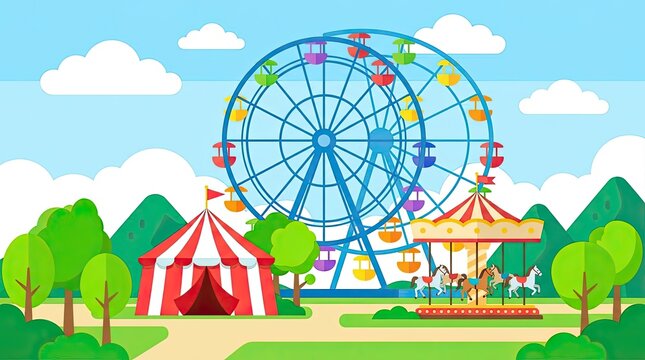 Flat vector illustration of amusement park with ferris wheel.