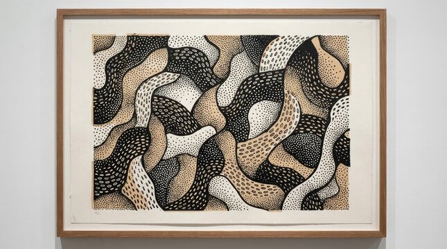 Framed abstract zentangle line art on plain wall.