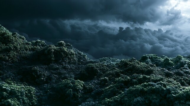 Prompt: A macro landscape concept. The ultra-detailed surface of dark green forest moss and lichen is double exposed with a vast, low-key view of rolling thundercloud formations at twilight. 