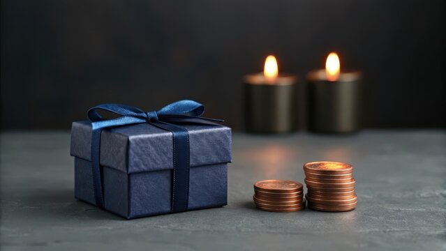 A small blue gift box with a ribbon bow standing next to stacks of gold coins with glowing candles in the dark background