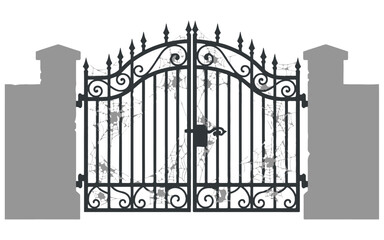 Obraz premium Gate made of wrought iron stands between two stone pillars to provide a secure entrance.