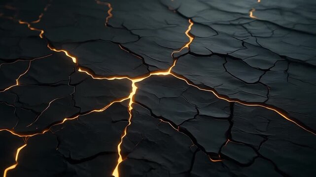 Abstract dark cracked ground texture with glowing orange magma light shining through deep fissures, volcanic energy background.