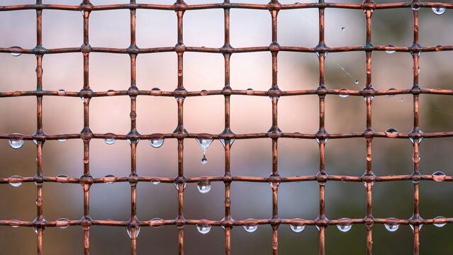 Close-up of rusty wire mesh with water droplets and blurred natural background