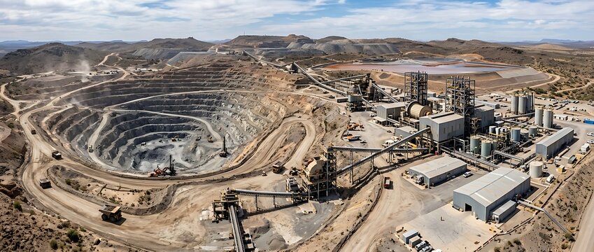 Aerial view of a large open pit mine and industrial processing plant in a rural mountain area