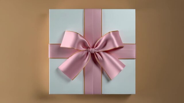A stylishly wrapped present featuring a delicate pink ribbon and bow on a pristine white box, set against a modern beige surface. Perfect for birthdays, weddings, or festive gifting moments