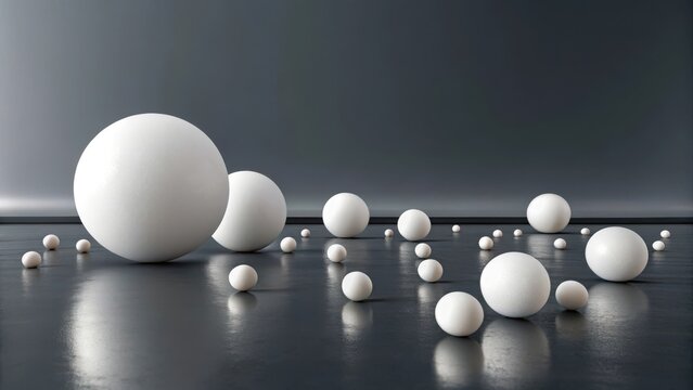 Many white spheres of different sizes arranged on a dark reflective surface in a minimalist studio setting