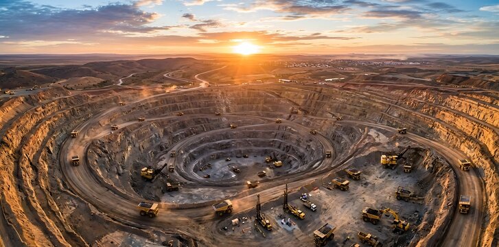 Aerial view of a large open pit gold mine at golden sunset with heavy machinery and trucks