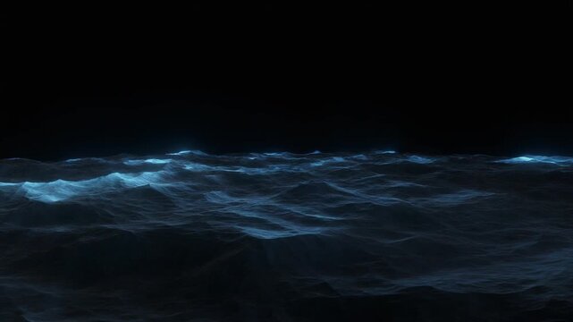 Dark abstract ocean waves featuring glowing blue bioluminescent crests undulating across a black background in a digital 3D fluid simulation.