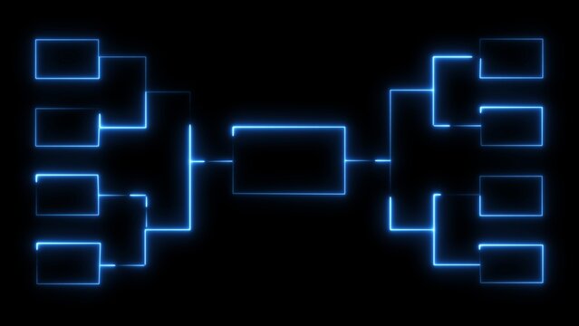 Glowing blue neon tournament bracket chart on black background