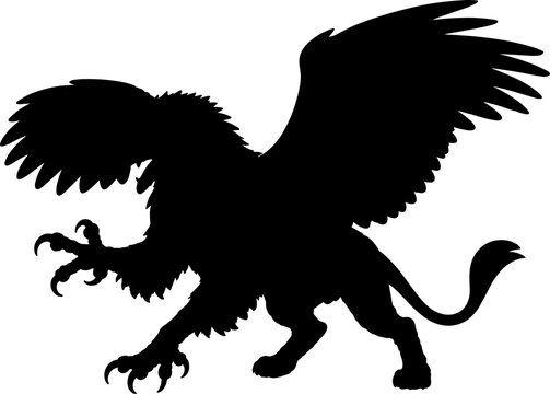 Mythical griffin silhouette vector illustration of a powerful creature with eagle wings and lion body in aggressive pose, legendary beast