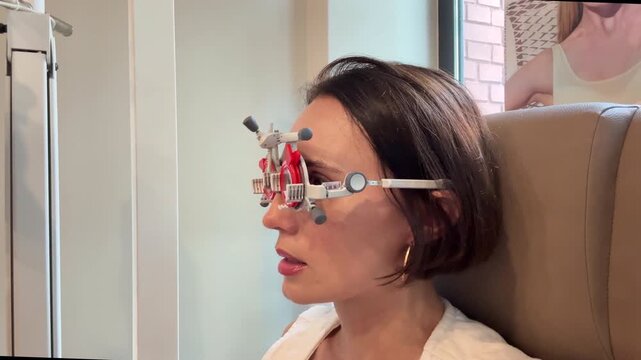 Side Profile of Mid-Adult Female Patient Fitting Universal Trial Frame for Precise Interpupillary Distance and Refraction Testing