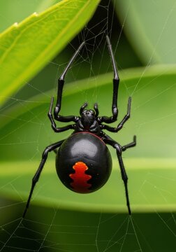 Macro Shot of a Venomous Redback Spider on its Web Against a Lush Green Leafy Background in Nature