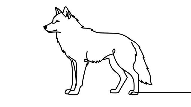 Simple line drawing of a wolf on white background.