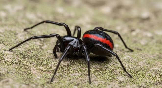 Macro Shot of a Venomous Australian Redback Spider (Latrodectus hasselti) on a Textured Natural Surface