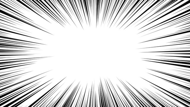 Intense radial manga speed burst effect, high-contrast black and white comic book action lines converging to a bright center, explosive motion background with dense straight radial lines.