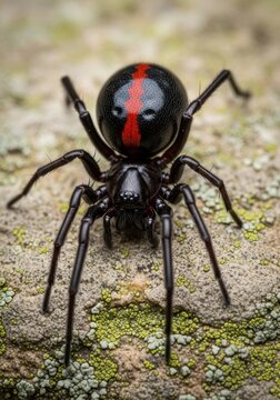 Macro Shot of a Venomous Australian Redback Spider Latrodectus Hasselti on a Lichen Covered Rock Surface