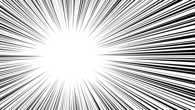Intense radial manga speed burst effect, high-contrast black and white comic book action lines converging to a bright center, explosive motion background with dense straight radial lines.