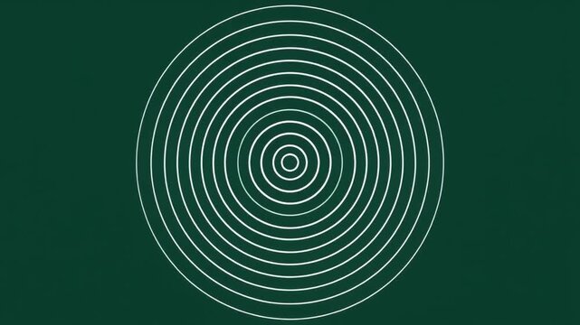 Minimalist geometric background featuring white concentric circles pulsating or expanding over a dark green backdrop for abstract design projects.