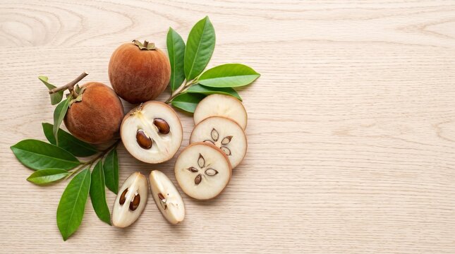 Top View Fresh Bisbul Velvet Apple with Green Tropical Leaves Exotic Fruit Flat Lay Premium Food Photography
