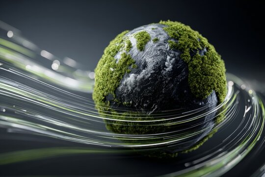 Planet in green: symbol of ecology with a grassy globe on plain white. Network traffic. Green globe on white background: simplicity meets ecology. Digital signals. Online networking.