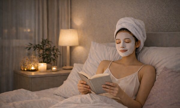 フェイスパックをしながらベッドで読書を楽しむ女性 ナイトスキンケアと美容習慣
