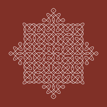 Kolam Line Art, Star Knotwork Pattern in White on Terracotta Background