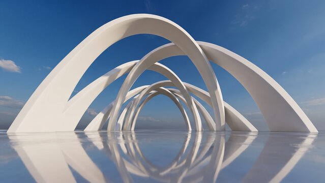 Modern 3D render of white vaulted arches structure on reflective floor under bright blue sky