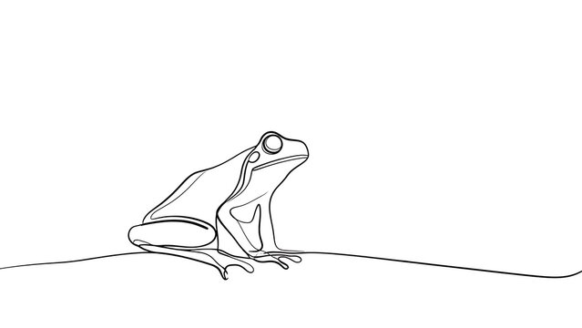 Minimalist frog line art on white background.