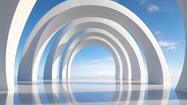 Modern 3D render of white concrete archways corridor on reflective floor under bright blue sky