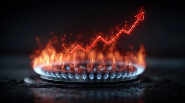 Soaring gas prices: visualizing the global impact on utility bills. Movie artwork. Inflation heat: stove burner and inflation arrow symbolize economic crunch. Visual poster.