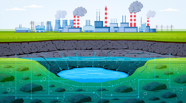 Industrial Pollution Reaching Groundwater, Environmental Cross Section Diagram