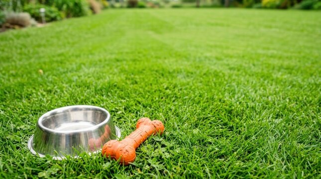 Empty metal dog bowl and orange rubber chew toy sitting on a lush green lawn in a backyard garden setting for pets