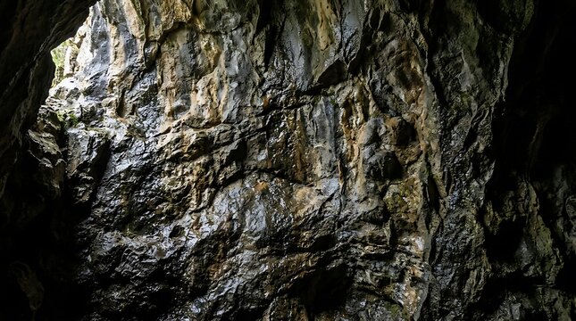Dark interior of a limestone cave with rugged wet surfaces
