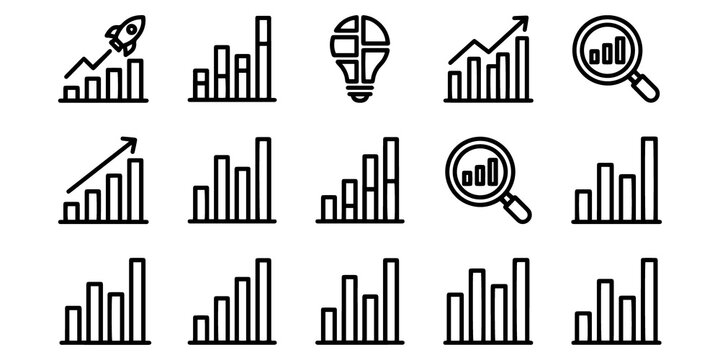 Set of business and finance bar chart icons featuring growth trends and data analysis symbols in line style