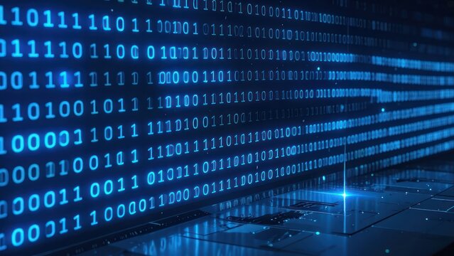 Blue binary code digital background representing cybersecurity and data.