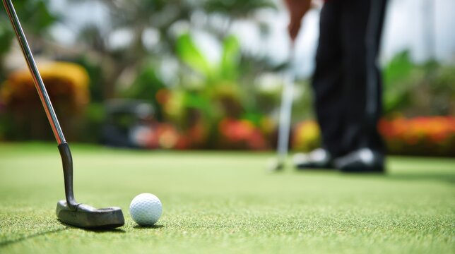 Medium shot of golfer practicing precise putting stroke on smooth green with blurred background emphasizing focus on ball and clubhead.