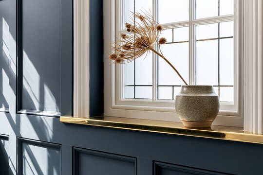 Neo Deco bathroom window with decorative vase and dried plant, featuring elegant molding and a stylish gold window ledge
