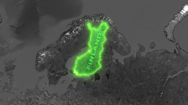 Finland Map Highlight with Glowing Green Border on Grayscale World Satellite Map
