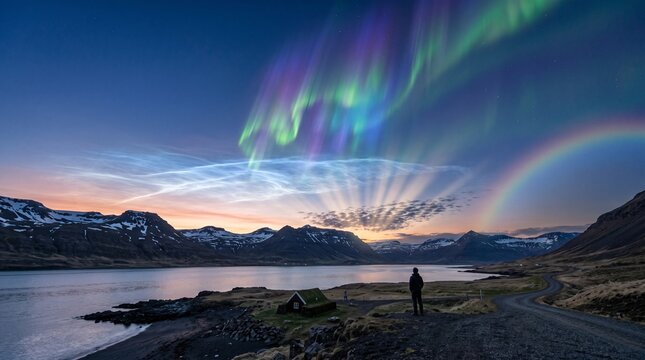 Aurora borealis and glowing noctilucent clouds over a scenic mountainous landscape with a small fjord cabin.