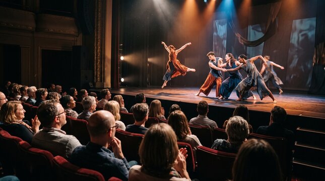 Dancers performing modern contemporary choreography on stage before live theater audience.