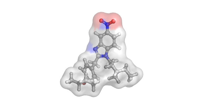 Butonitazene, synthetic benzimidazole opioid agent, potent analgesic compound for central nervous system receptor binding and forensic research, 3D molecule 4K