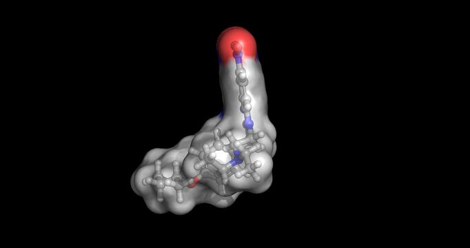 Butonitazene, synthetic benzimidazole opioid agent, potent analgesic compound for central nervous system receptor binding and forensic research, 3D molecule spinning, 4K