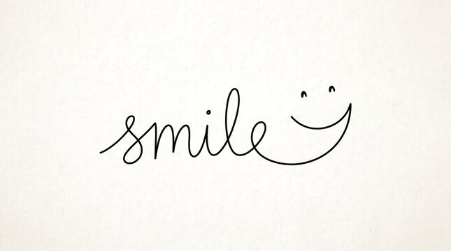 Handwritten smile text with smiley face icon, minimalist cursive calligraphy on white paper texture, positive message for mental health and wellness