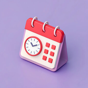 Desktop calendar 3D render with integrated clock face icon