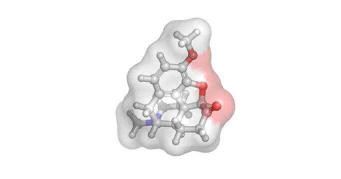 Hydrocodone, opioid analgesic medication, synthetic derivative for severe pain management and cough suppression in clinical practice, 3D molecule 4K